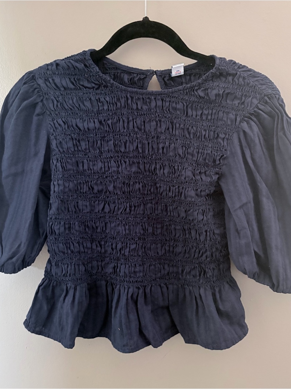 Blue Smocked Puff Sleeve Peplum Top Cotton Boho Romantic Small
